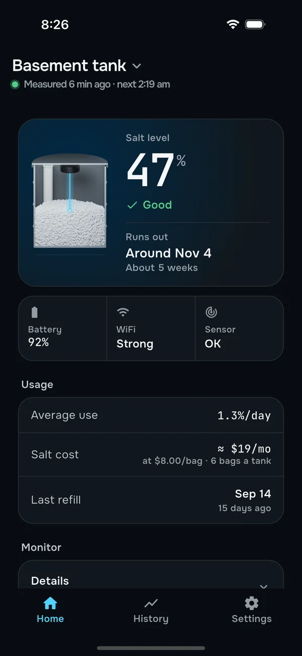 SaltMate app: Basement tank at 47 percent and Good, runs out in about 5 weeks, measured 6 minutes ago