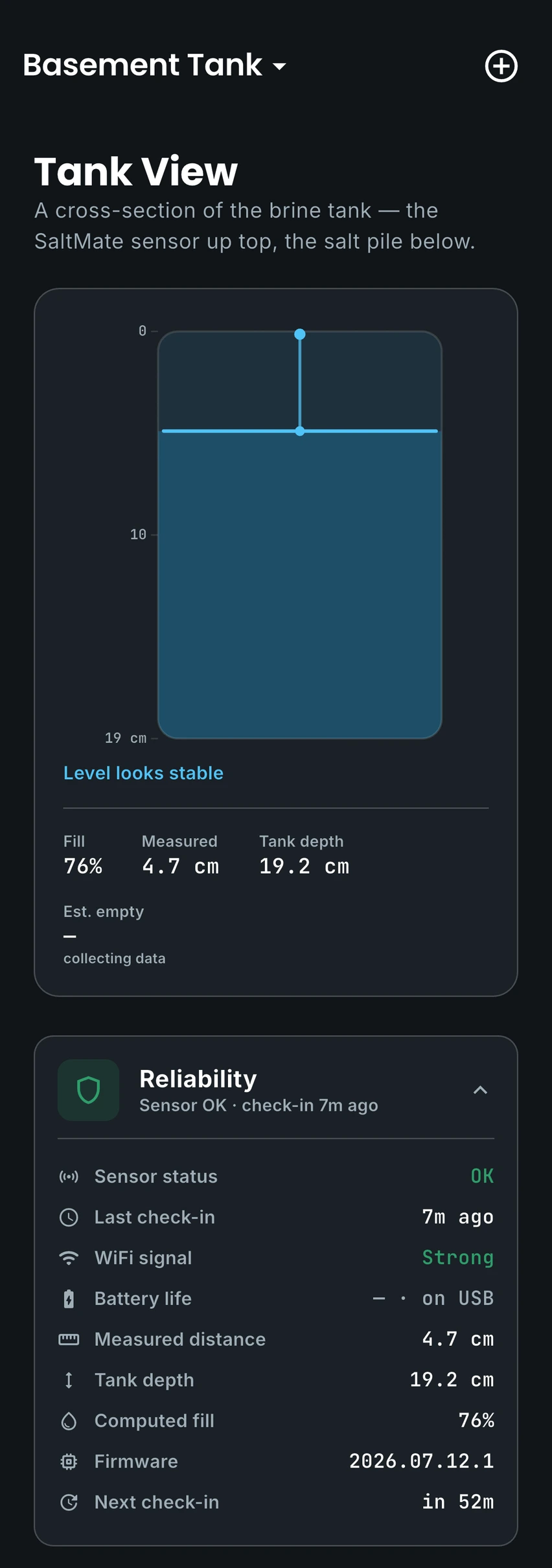 SaltMate tank cross-section with measured distance, fill percentage, and complete reliability details