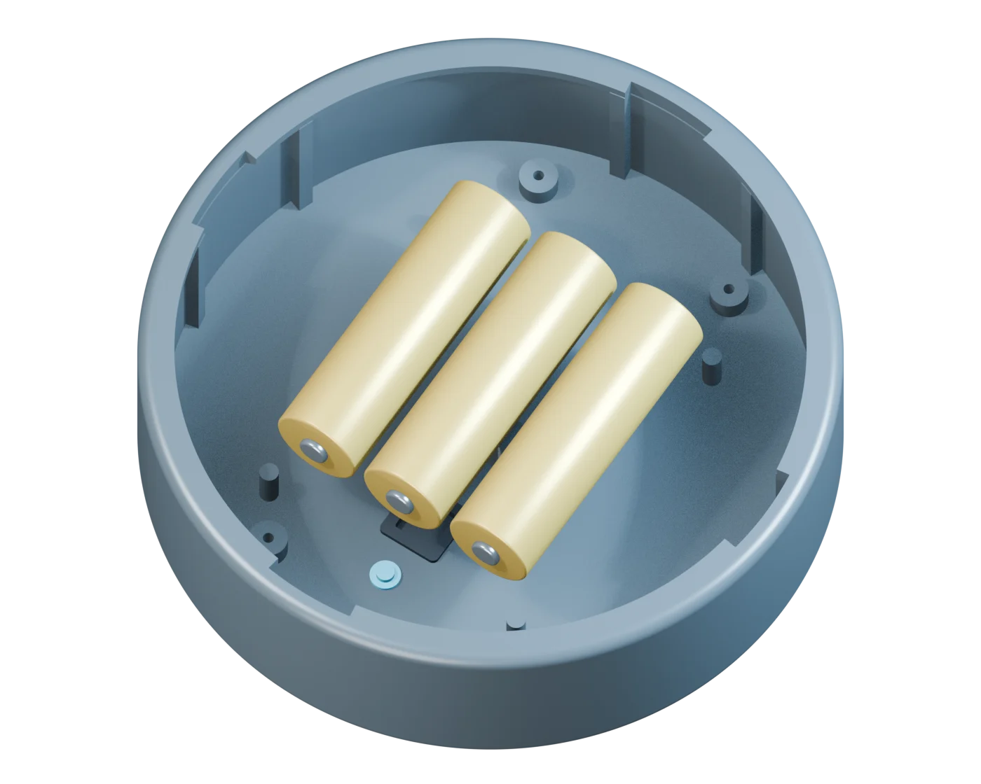 Open SaltMate housing illustrating the three AA battery positions