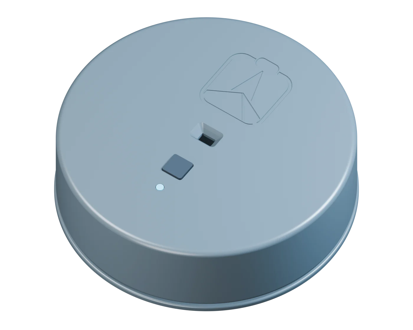 SaltMate’s new round enclosure, with an engraved logo, integrated laser sensor, wake button, and blue status light