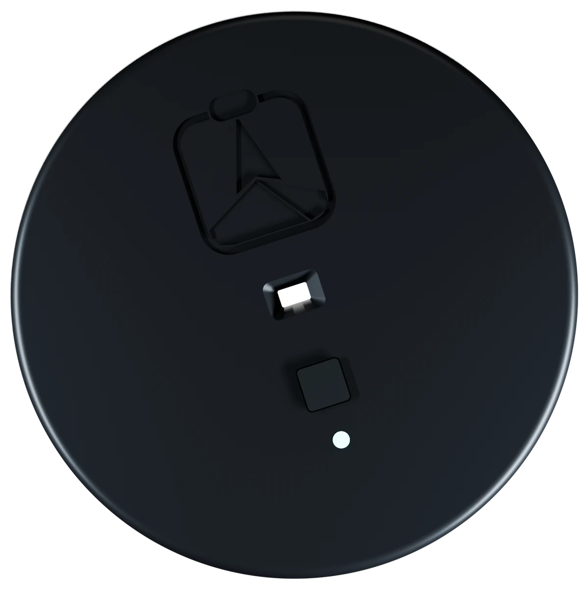 The underside of SaltMate: laser window, wake button and glowing status light