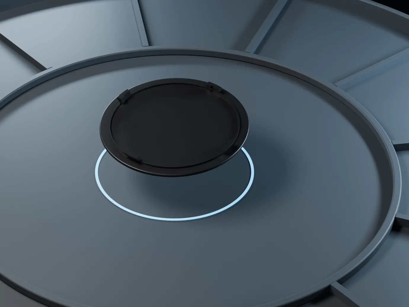 The adhesive mounting plate lowering onto a marked spot on the underside of a tank lid